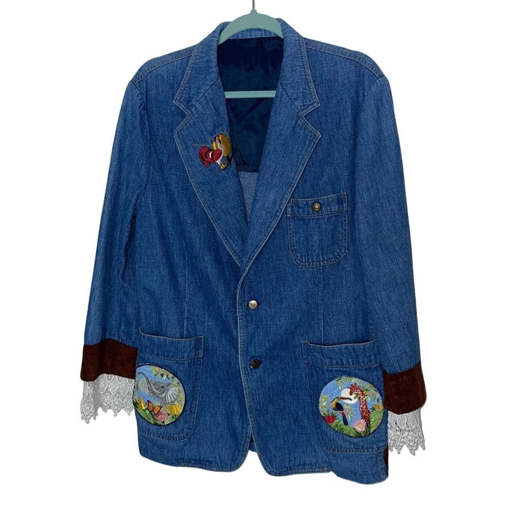 Lee Set Vintage Womens Blazer Size Large Upcycled Denim Patch Embroidered Lace